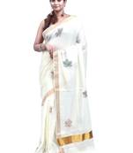 Maple leaf design hand embroidered kasavu saree