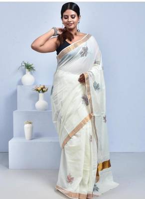 off white kasavu saree with hand embroidered maple leaf design 2