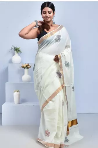 Maple leaf design hand embroidered kasavu saree