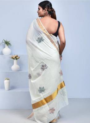 off white kasavu saree with hand embroidered maple leaf design 3