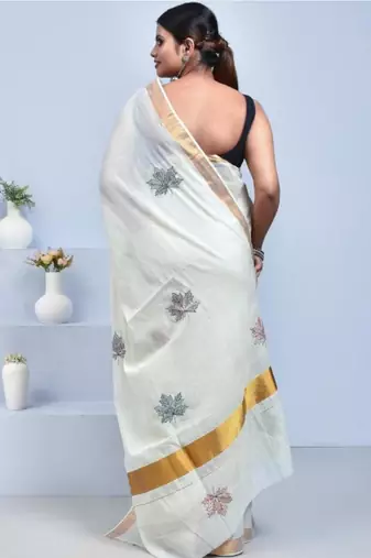 Maple leaf design hand embroidered kasavu saree