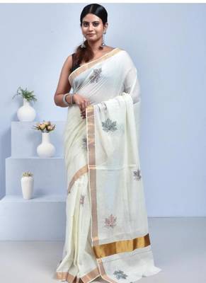 off white kasavu saree with hand embroidered maple leaf design 4