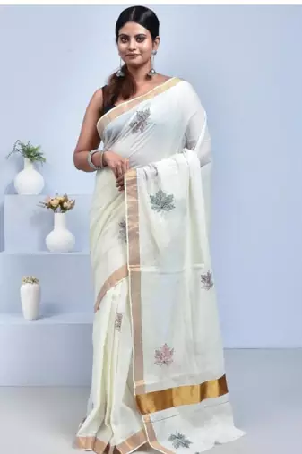 Maple leaf design hand embroidered kasavu saree