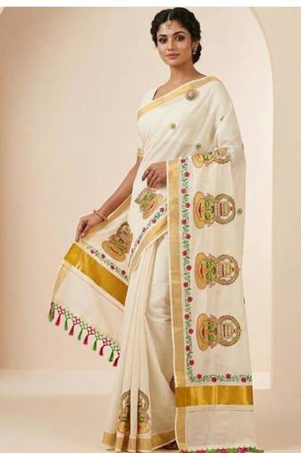 off white kathakali motif pure cotton kasavu saree