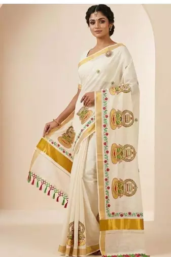 Ethnic motifs embroidered pure cotton handloom kasavu saree