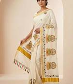 Ethnic motifs embroidered pure cotton handloom kasavu saree