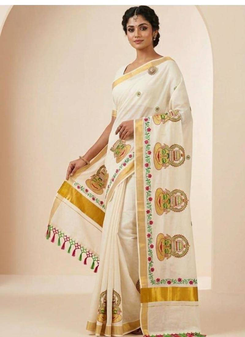 Ethnic motifs embroidered pure cotton handloom kasavu saree