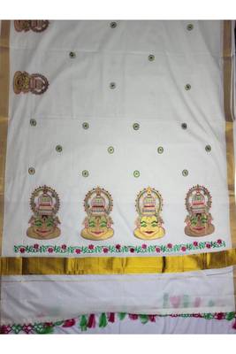 off white kathakali motif pure cotton kasavu saree 2