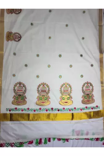 Ethnic motifs embroidered pure cotton handloom kasavu saree