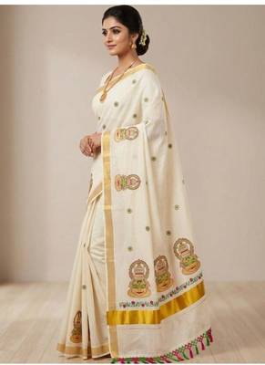 off white kathakali motif pure cotton kasavu saree 3