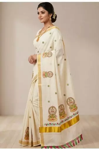 Ethnic motifs embroidered pure cotton handloom kasavu saree