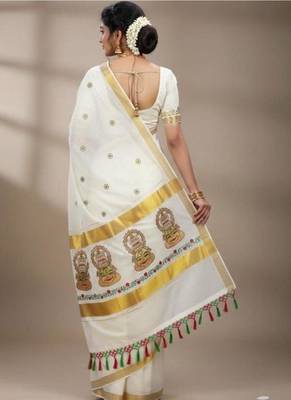 off white kathakali motif pure cotton kasavu saree 4