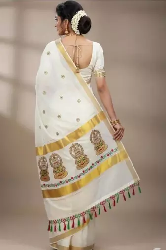 Ethnic motifs embroidered pure cotton handloom kasavu saree