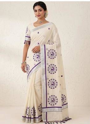 off white pure cotton kasavu saree with purple peacock motif 1