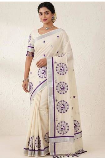 Ethnic motifs embroidered pure cotton handloom kasavu saree
