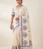 Ethnic motifs embroidered pure cotton handloom kasavu saree