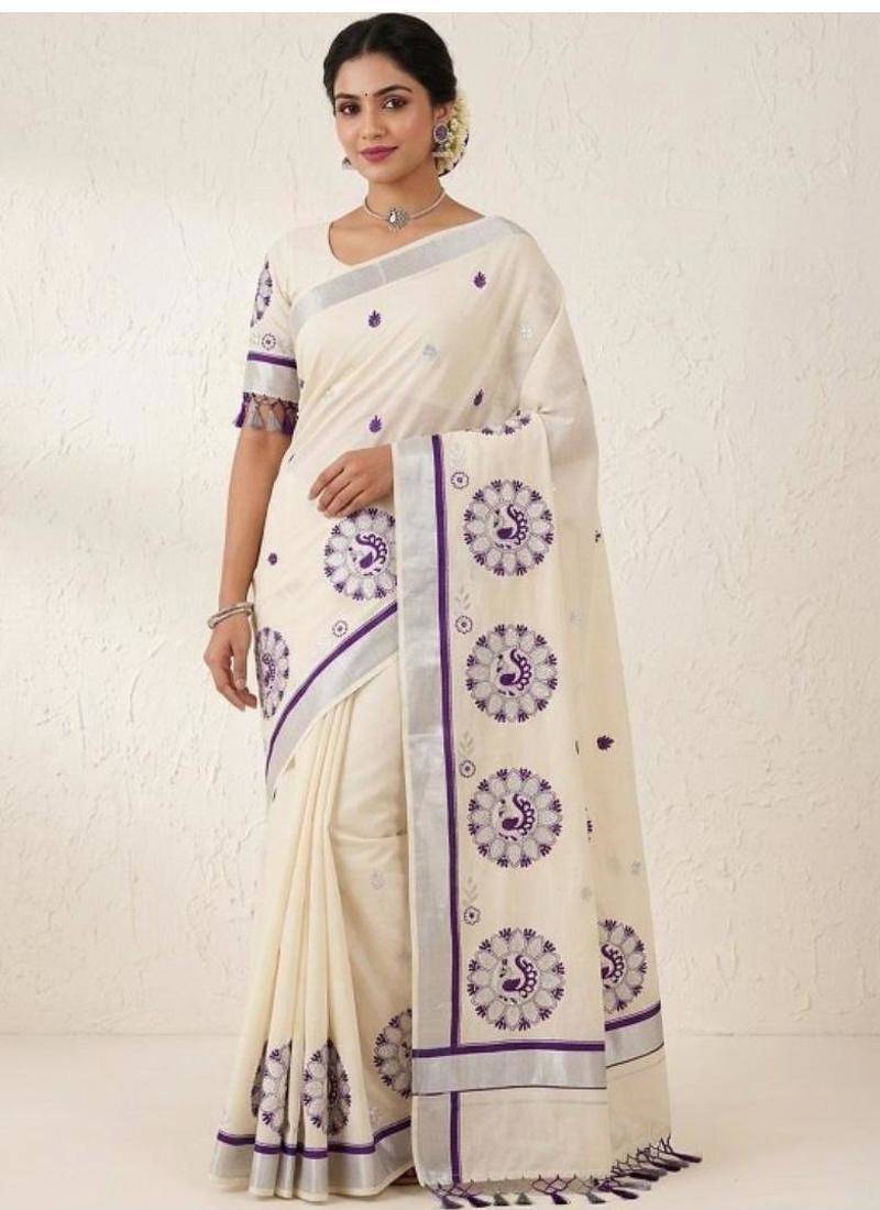 Ethnic motifs embroidered pure cotton handloom kasavu saree