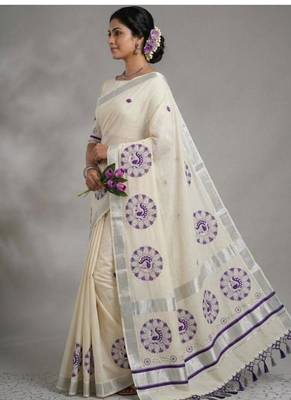 off white pure cotton kasavu saree with purple peacock motif 2