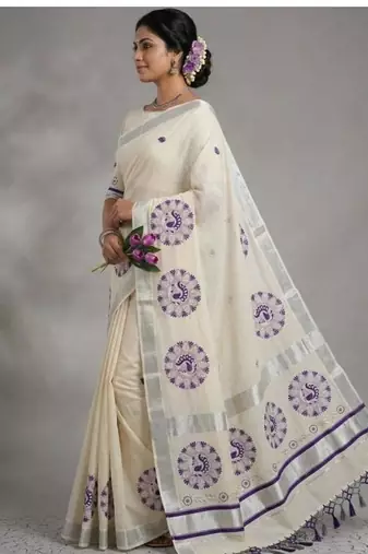 Ethnic motifs embroidered pure cotton handloom kasavu saree