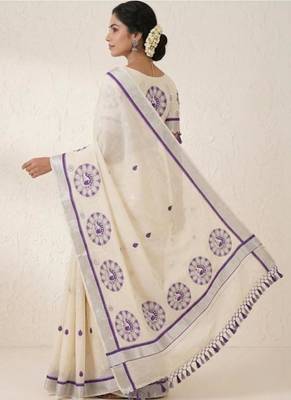 off white pure cotton kasavu saree with purple peacock motif 3