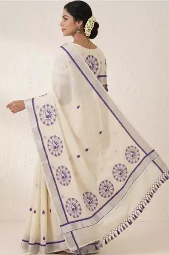 Ethnic motifs embroidered pure cotton handloom kasavu saree