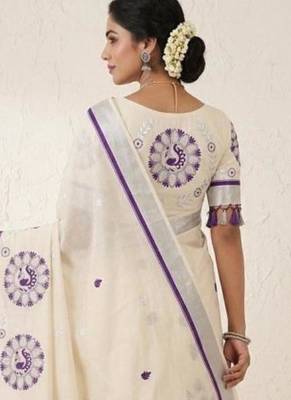 off white pure cotton kasavu saree with purple peacock motif 4