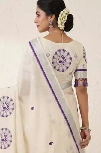 Ethnic motifs embroidered pure cotton handloom kasavu saree
