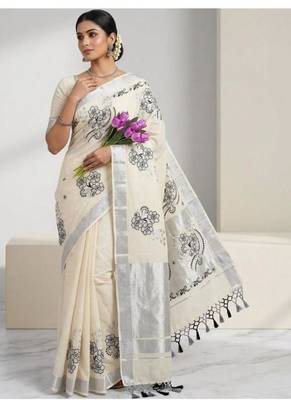 white floral embroidered pure cotton handloom kasavu saree 1