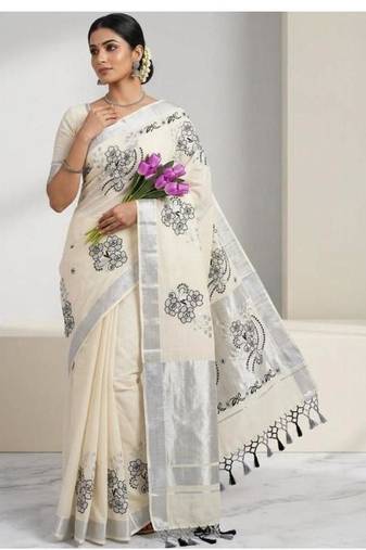 Floral embroidered pure cotton handloom kasavu saree