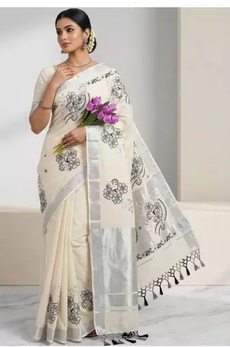 Floral embroidered pure cotton handloom kasavu saree
