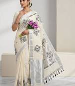 Floral embroidered pure cotton handloom kasavu saree