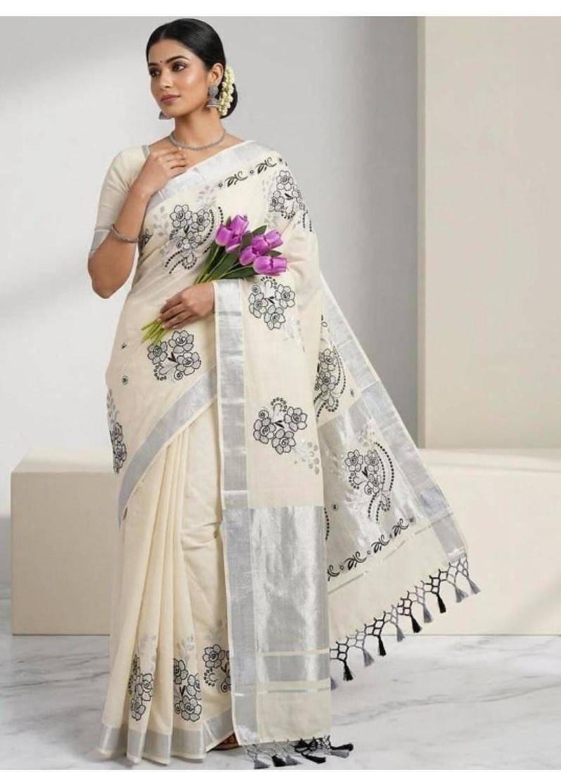 Floral embroidered pure cotton handloom kasavu saree
