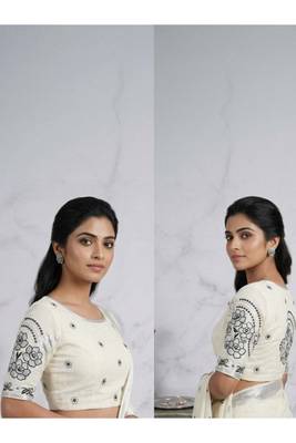 white floral embroidered pure cotton handloom kasavu saree 2