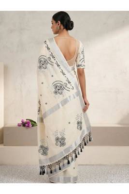 white floral embroidered pure cotton handloom kasavu saree 3