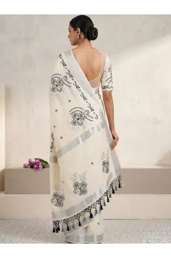 Floral embroidered pure cotton handloom kasavu saree