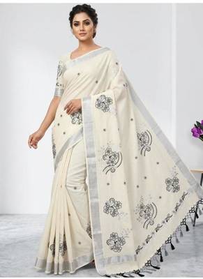 white floral embroidered pure cotton handloom kasavu saree 4
