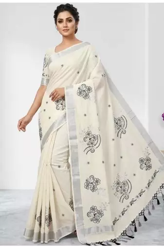 Floral embroidered pure cotton handloom kasavu saree