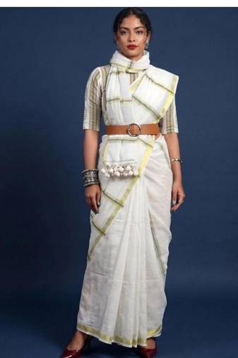Women pure cotton kasavu saree with unstitched blouse