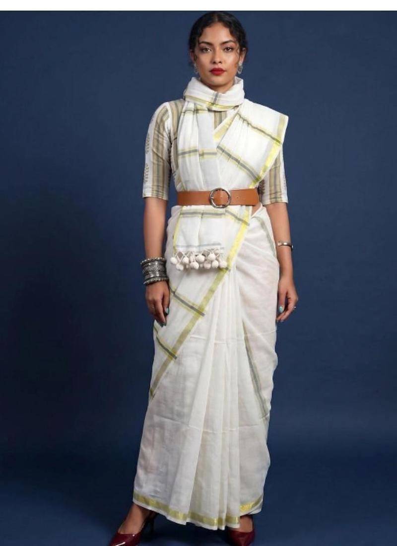 Women pure cotton kasavu saree with unstitched blouse
