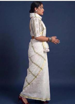white pure cotton kasavu saree with unstitched blouse 3