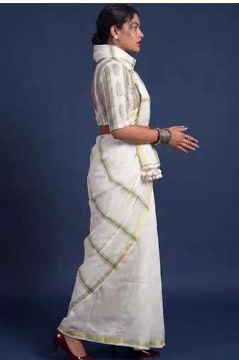 Women pure cotton kasavu saree with unstitched blouse