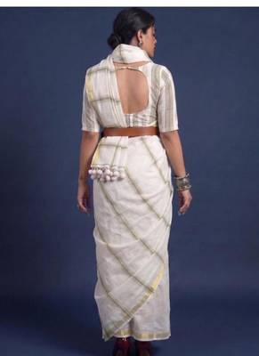 white pure cotton kasavu saree with unstitched blouse 4