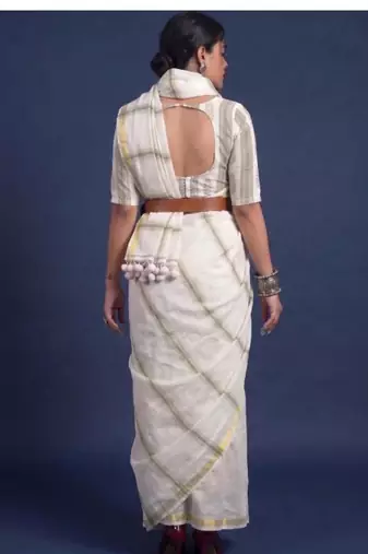 Women pure cotton kasavu saree with unstitched blouse