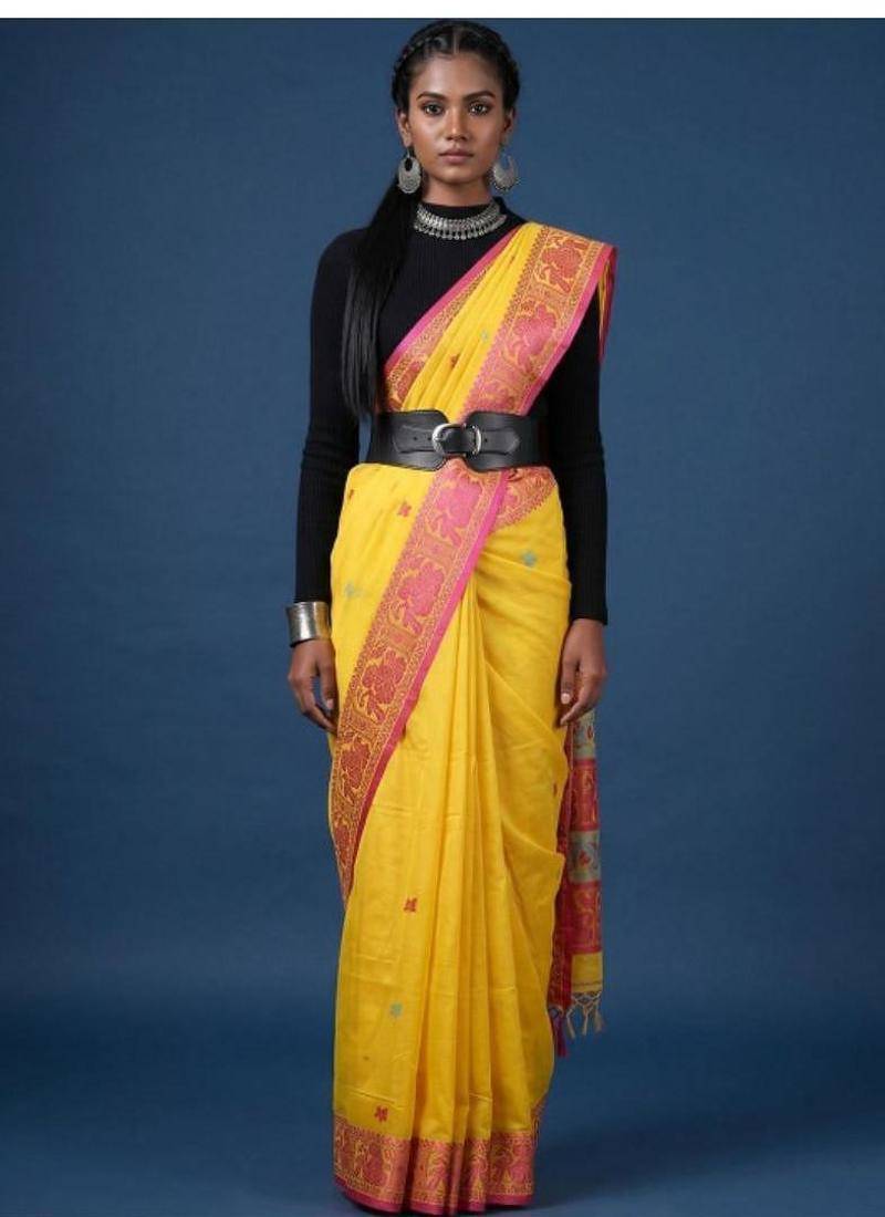 Women pure cotton kasavu saree with unstitched blouse