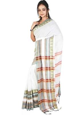 white pure cotton handloom kasavu saree with woven design 2
