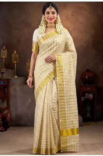 Traditional kerala check design golden kasavu cotton blouse sarees