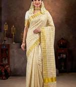 Traditional kerala check design golden kasavu cotton blouse sarees