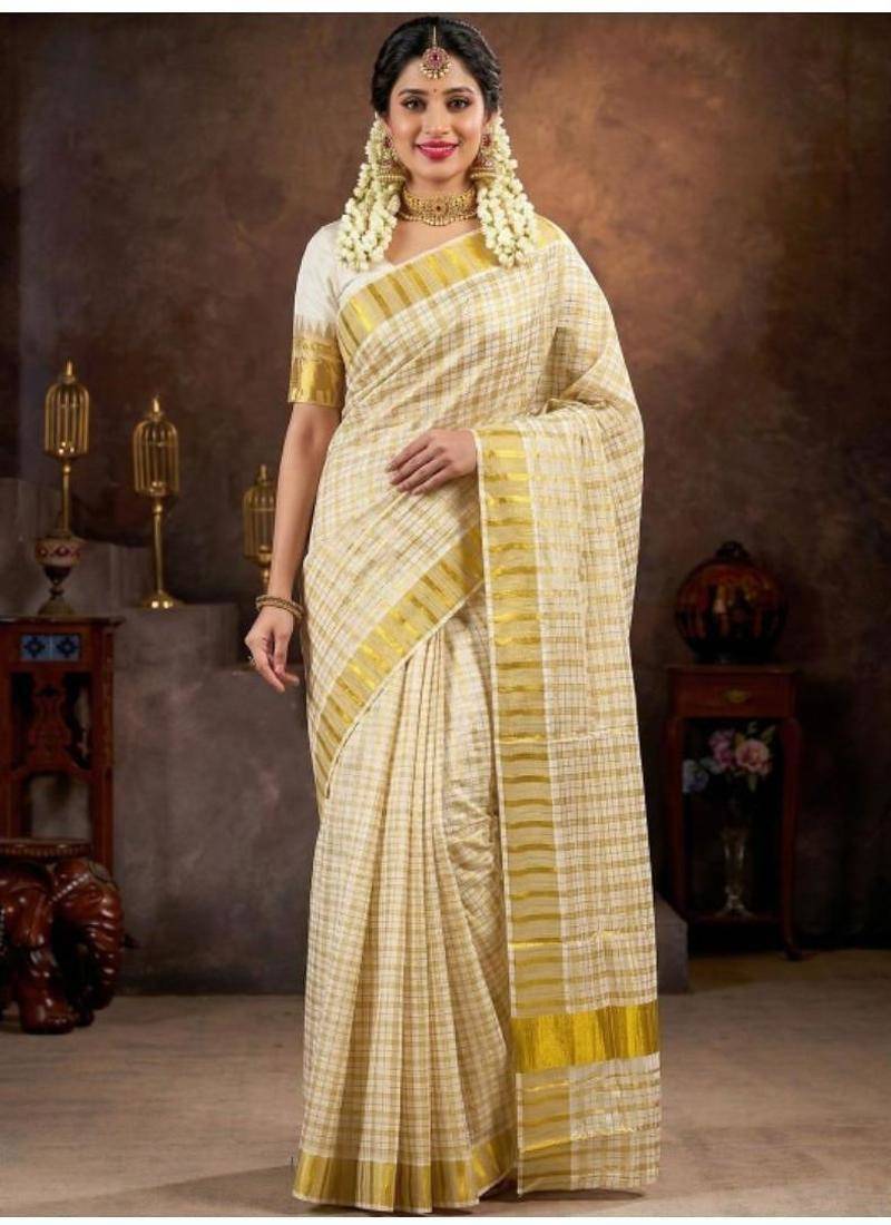 Traditional kerala check design golden kasavu cotton blouse sarees