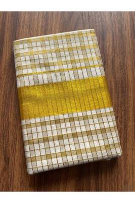 golden check design cotton traditional kerala saree 2