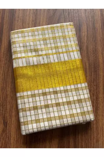 Traditional kerala check design golden kasavu cotton blouse sarees